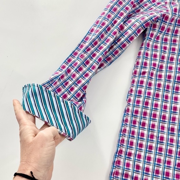 Thomas Dean Mens Large Pink and Blue Preppy Plaid Dress Business Casual Shirt - Picture 4 of 8